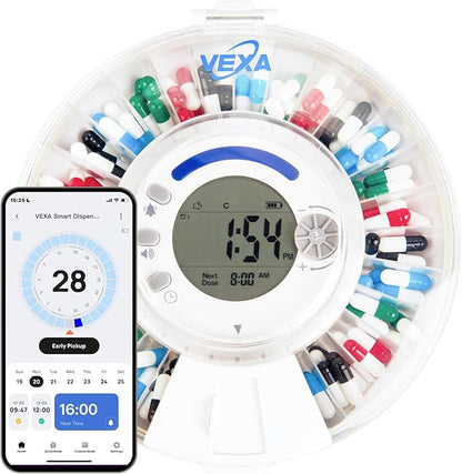 VEXA VitaMate 28 Smart Automatic Pill Organizer with Exclusive Self-Developed App, 28-Slot Monthly Medication Management, App-Connected Sound Alerts, Easy Flip-to-Dispense for Vitamins & Tablets