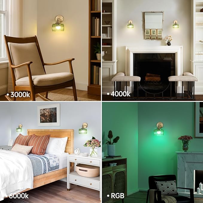 Vintage Battery Operated Wall Sconce with Green Striped Glass Lampshade 5000 mAh Rechargeable Battery Powered Wall Light with Remote Control for Bedside Bedroom Doorway, Set of 2