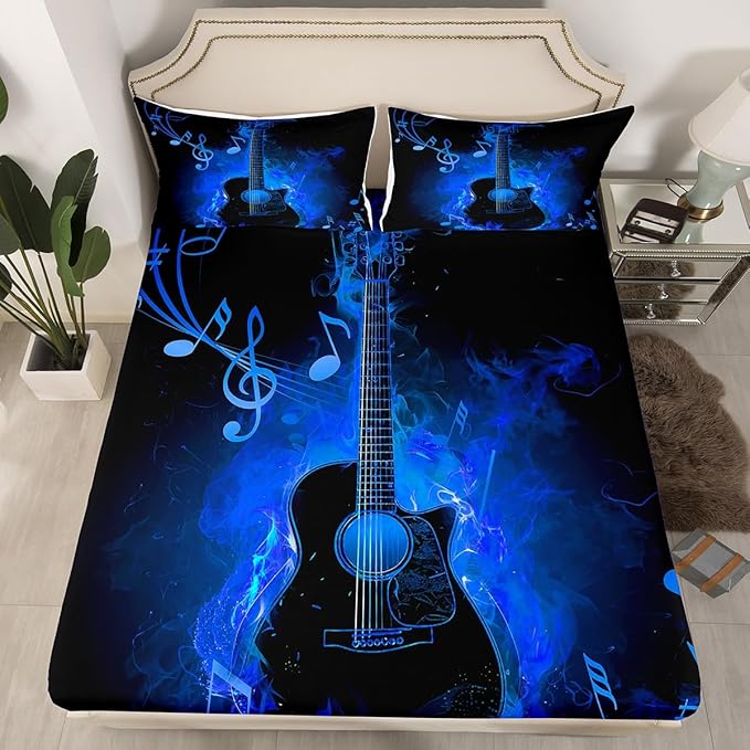 Electric Guitar Bed Sheet Set Twin Size,Rock Music Theme Guitar Musical Notes Sheet Set,Neon Blue Glowing Modern Artistic Bedding Set with 1 Flat & 1 Fitted Sheet with 1 Pillow Sham