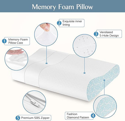 Memory Foam Pillows for Neck Pain Relief, Cooling Neck Pillow for Sleeping, Ergonomic Cervical Neck Support Pillow with Breathable Pillowcase for Side Back Stomach Sleepers