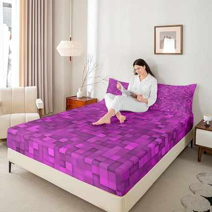 Pixel Grid Kids Queen Size Fitted Sheet,Pixelated Video Game Gamepad Boys Girls Bed Sheets,Geometric Square Gaming Room Decor,Red Bedding Set,2 Pillowcases(No Flat)