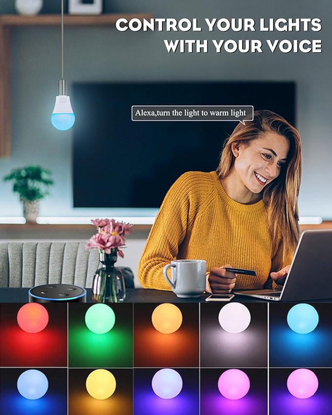2-Pack 9W E27 Smart Light Bulb, 2.4G WiFi Bluetooth 800LM RGBWW Color Changing LED Bulb, 16M Colors Music Sync Voice Control Works with Alexa Google Home for Bedroom Christmas Parties Decor
