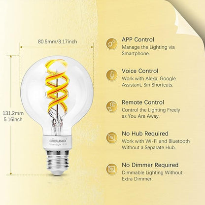 DiCUNO Smart Edison Bulb G80, Color Changing WiFi Smart Light Bulb, Vinatge Globe Filament Bulb Compatible with Alexa & Google, Dimmable with App, 50 Watt Equivalent 450LM, No Hub Required, 2 Pack