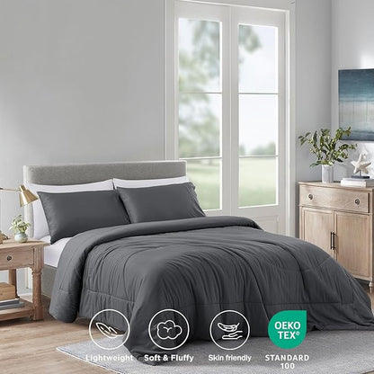 Zaizaihome Natural Bamboo Viscose Comforter Set Twin Size 2 Pieces, All-Season Soft Breathable Moisture-Wicking Quilt with Matching Pillowcase, Machine Washable, Quilted Fluffy Comforter (Dark Grey)
