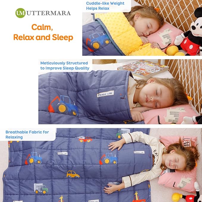 Uttermara Weighted Blanket 7 lbs, Ultra Cozy Minky Fleece and Cotton Sided with Cartoon Patterns, Reversible Heavy Blanket Great for Sleeping, 36x48 inches, Blue Car World