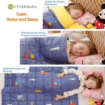 Uttermara Weighted Blanket 7 lbs, Ultra Cozy Minky Fleece and Cotton Sided with Cartoon Patterns, Reversible Heavy Blanket Great for Sleeping, 36x48 inches, Blue Car World