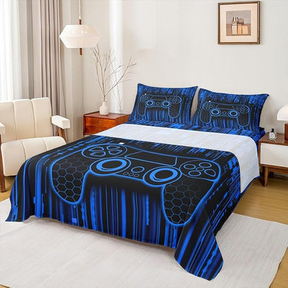 Videogaming Gamepad Kids Sheet King Size,3D Gamer Controller Fashion Bedding Set,Boys Girls Room Decor,Neon Geometric Honeycomb Hexagon Navy Blue Bed Sheet Set 4pcs(Fitted + Flat + 2 Pillowcases)