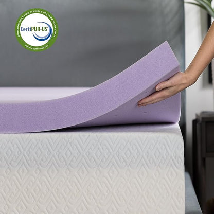 Lucid 3 Inch Lavender Memory Foam Mattress Topper, Queen Size – Essential Oil Infusion – Deep Plush Feel, Pressure-Relieving Bed Topper – Ventilated and Breathable – CertiPur Certified