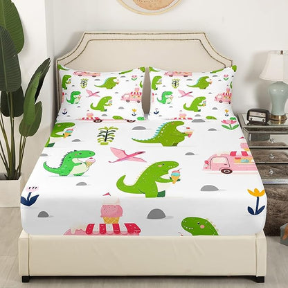 Summer Ice Cream Truck Fitted Bottom Sheet Queen Size,Kawaii Dinosaur Animals Sheet Set Soft Polyester Bedding,Rustic Flowers Dino Wildlife Bed Cover(1 Fitted Sheet+2 Pillow Cases)