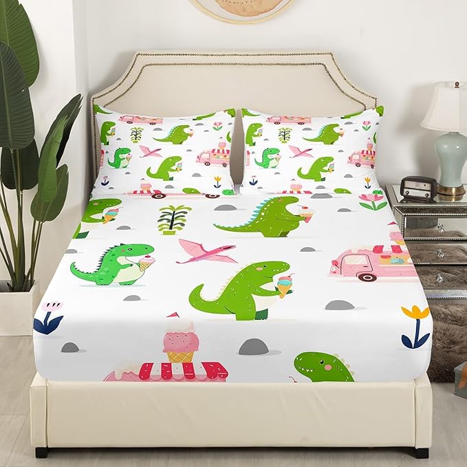 Summer Ice Cream Truck Fitted Bottom Sheet Full Size,Kawaii Dinosaur Animals Sheet Set Soft Polyester Bedding,Rustic Flowers Dino Wildlife Bed Cover(1 Fitted Sheet+2 Pillow Cases)
