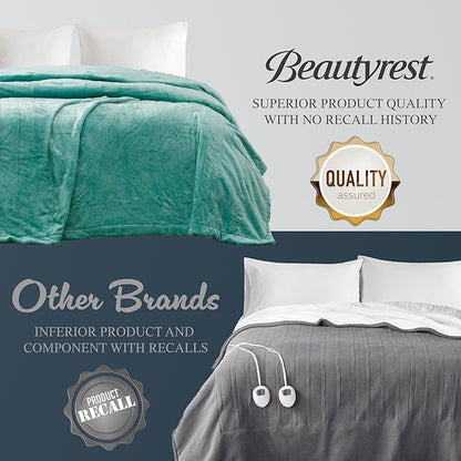 Beautyrest Heated Plush Elect Electric Blanket with 20 Heat Level Setting Controllers Equip with Secure Comfort Technology and 10 Hours Auto Shut Off, Full: 80x84, Aqua,BR54-0904