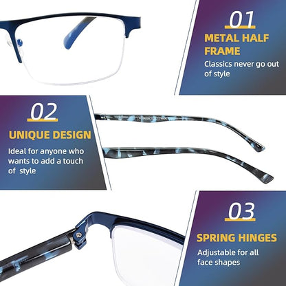 FONHCOO Reading Glasses for Women Men, Blue Light Blocking Reading Glasses Metal Half Frame Computer Readers Anti UV/Glare