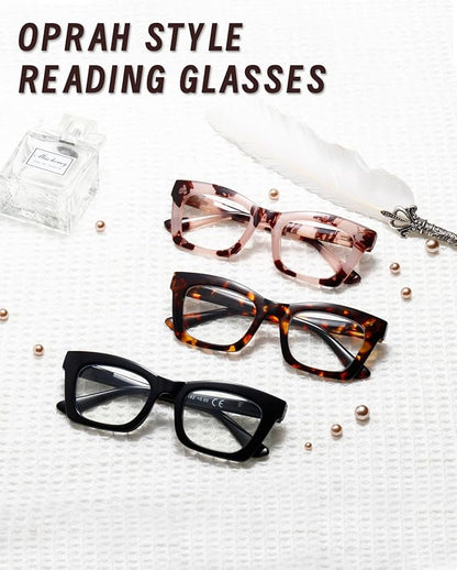 Hubeye Oprah Style Reading Glasses for Women Men Blue Light Blocking Computer Square Readers with Spring Hinge