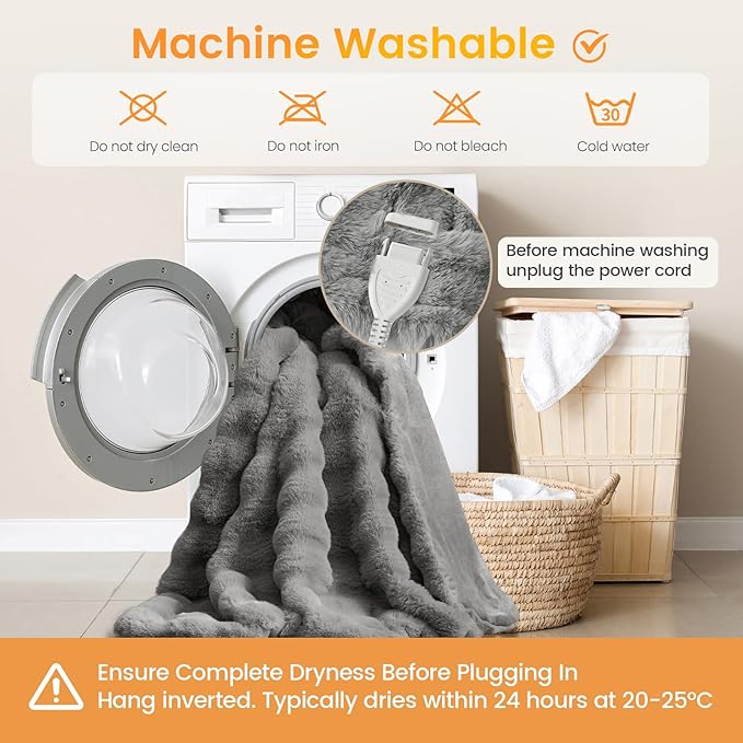 Amélie Home Heated Bubble Faux Fur Blanket Electric - 50"x60" Heating Blanket Throw 2/4/6/8 Hours Auto-Off 8 Heat Level Over-Heat Protection Electric ETL Certification Grey