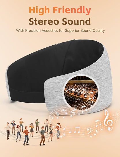 Sleep Mask with Headphones Bluetooth 6.0, 20H Playtime Sleeping Headphones with HD Stereo Speakers for Side Sleepers, Adjustable Blackout Silk Eye Mask for Travel Meditation, Gifts for Women Men(Grey)