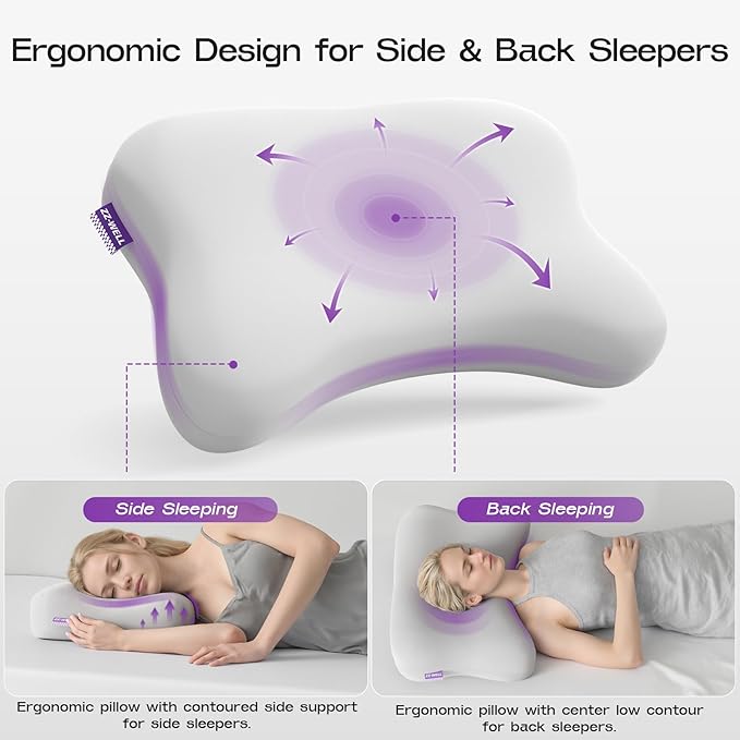 Side Sleeper Neck Pillow for Sleeping - Patented Cervical Neck Pillow with Cooling Cover- High Density Memory Foam Curved Pillows for Adults (Grey)