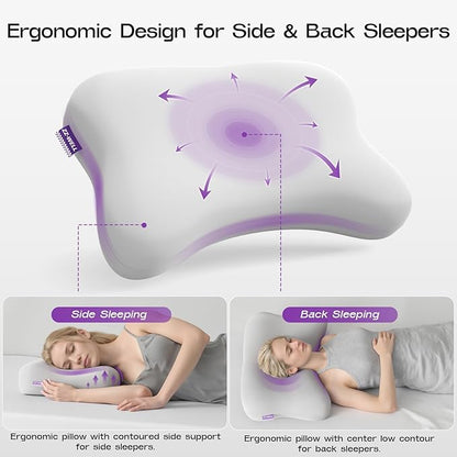 Side Sleeper Neck Pillow for Sleeping - Patented Cervical Neck Pillow with Cooling Cover- High Density Memory Foam Curved Pillows for Adults (Grey)
