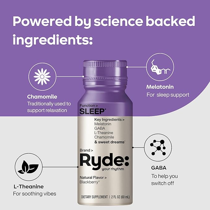 Ryde: SLEEP | 2oz Sleep Shot for Occasional Use | Melatonin, GABA, L-Theanine & Chamomile | Blackberry Natural Flavor | Sugar-Free, Zero Calories, Vegan | Manufactured in USA (8 Pack)