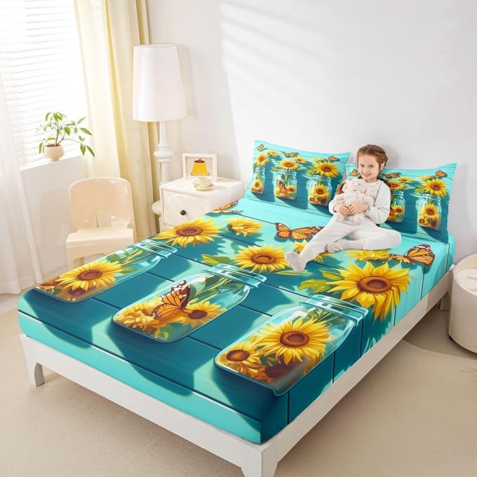 Yellow Sunflower Kids Twin Size Fitted Sheet,Farmhouse Floral Flower Boys Girls Bed Sheets,Butterfly Rustic Wooden Room Decor,Teal Yellow Bedding Set,1 Pillowcase(No Flat)