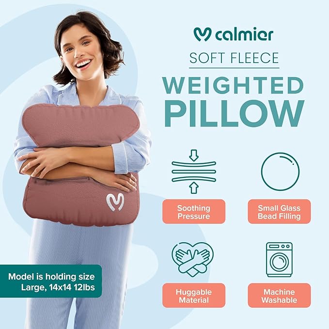 Calmier - 12 lb Sensory Weighted Pillow - Glass Bead Filled Hug Pillow - Ultra Plush Cozy Weight Sensory Pillows for Adults and Kids - Weighted Lap Pad (Pink - Fleece, 12 LBS)