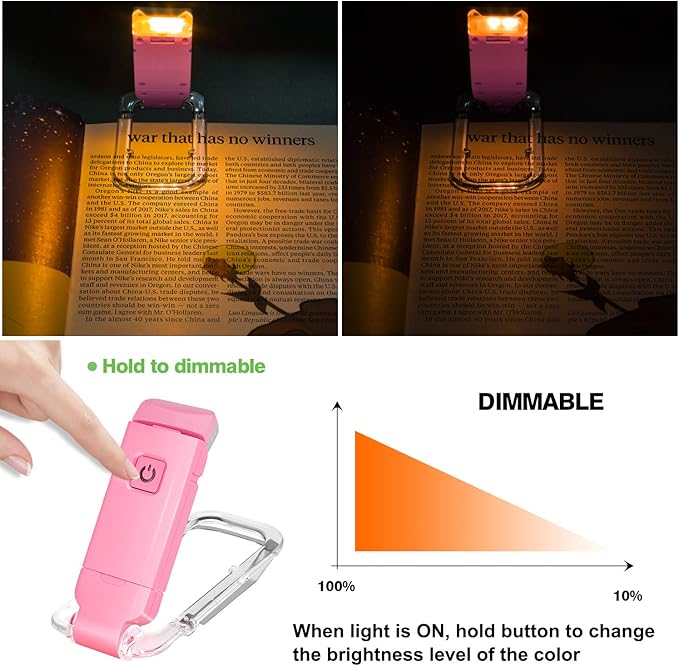 BIGLIGHT Amber Book Reading Light, LED Clip on Book Lights, Reading Lights for Books in Bed, Small Book Light for Kids, USB Rechargeable, 2 Brightness Adjustable for Eye Protection, Pink
