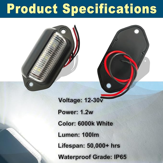 8PCS Xenon White LED License Plate Light, 12V-24V DC Waterproof 6-SMD License Plate Lamp Taillight, For Truck SUV Trailer Van RV Boats as Step Courtesy Light, Dome/Cargo Lights or Under Hood Light