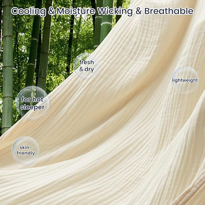 PHF Cooling Muslin King Blanket for Hot Sleepers, 60% Rayon Derived from Bamboo, 40% Cotton for Summer, 4-Layer Breathable Gauze Blanketfor Bed Couch, 108"x90", Natural/Shortbread