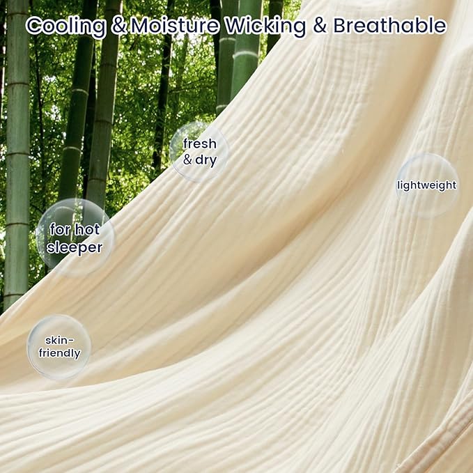 PHF Cooling Muslin Queen Blanket for Hot Sleepers, 60% Rayon Derived from Bamboo, 40% Cotton for Summer, 4-Layer Breathable Gauze Blanket for Bed Couch, 90"x90", Natural/Shortbread