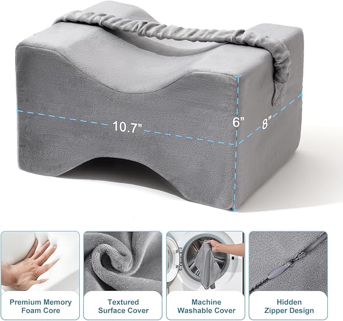 Knee Pillow for Side Sleepers,Leg Pillow for Sciatica,Back,HIPS,Knees,Joints Pain Relief,Pillows for Between Legs While Sleeping Spine Alignment Support & Relieves Pressure,Basic Strap,Natural Grey