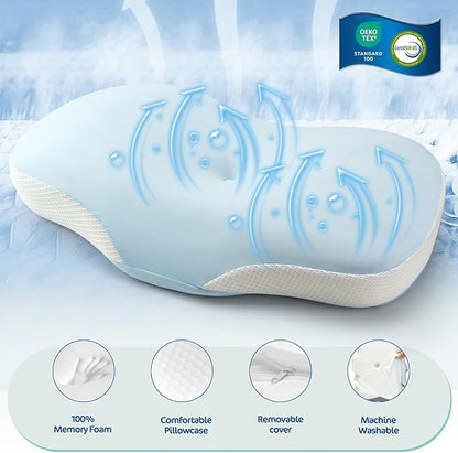 Ergonomic Cervical Pillow, Contour Design for Side & Back Sleepers, Memory Foam Orthopedic Cervical Shape Gently Cradles Head & Provides Neck Support & Shoulder Pain Relief (Blue)