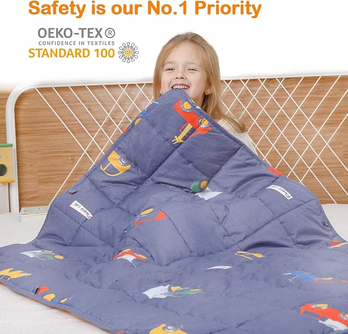 Uttermara Weighted Blanket 7 lbs, Ultra Cozy Minky Fleece and Cotton Sided with Cartoon Patterns, Reversible Heavy Blanket Great for Sleeping, 36x48 inches, Blue Car World