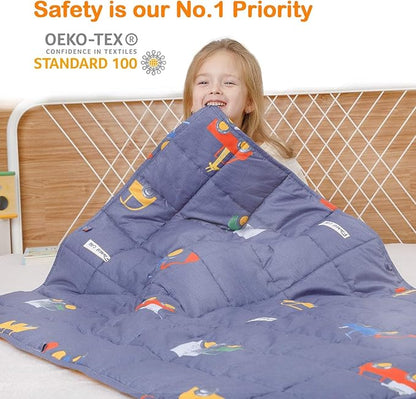 Uttermara Weighted Blanket 7 lbs, Ultra Cozy Minky Fleece and Cotton Sided with Cartoon Patterns, Reversible Heavy Blanket Great for Sleeping, 36x48 inches, Blue Car World
