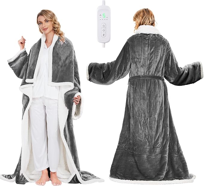 Electric Heated Blanket - Wearable Heated Blanket Throw with Foot Pockets, Sleeves Flannel & Sherpa Wearable Blanket 8 Heating Levels & Timer Snuggle Blankets for Home Office -50*60" Robes for Women