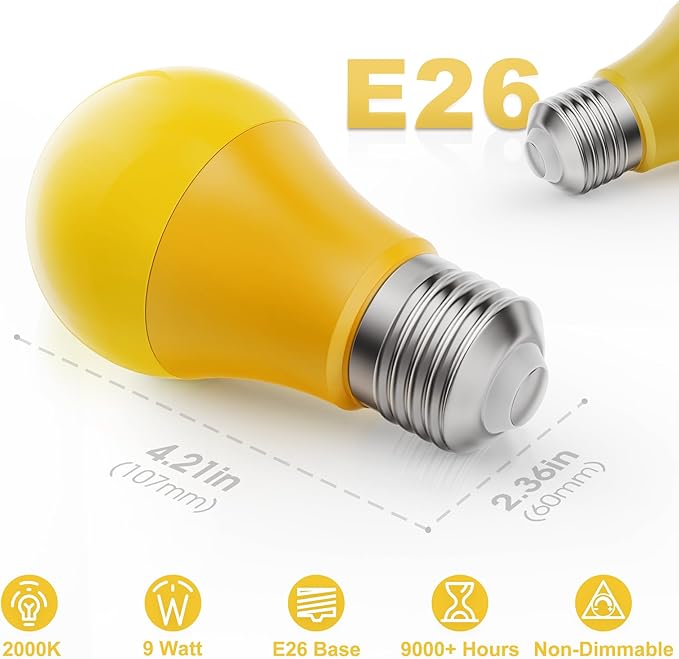 Briignite Bug Lights for Outside, Bug Light Bulbs, 60W Yellow Light Bulbs Outdoor Equivalent 9W, A19 E26 LED Amber Light Bulb, Non-Dimmable for Porch Lights, 2 Pack