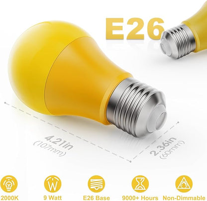 Briignite Bug Lights for Outside, Bug Light Bulbs, 60W Yellow Light Bulbs Outdoor Equivalent 9W, A19 E26 LED Amber Light Bulb, Non-Dimmable for Porch Lights, 2 Pack