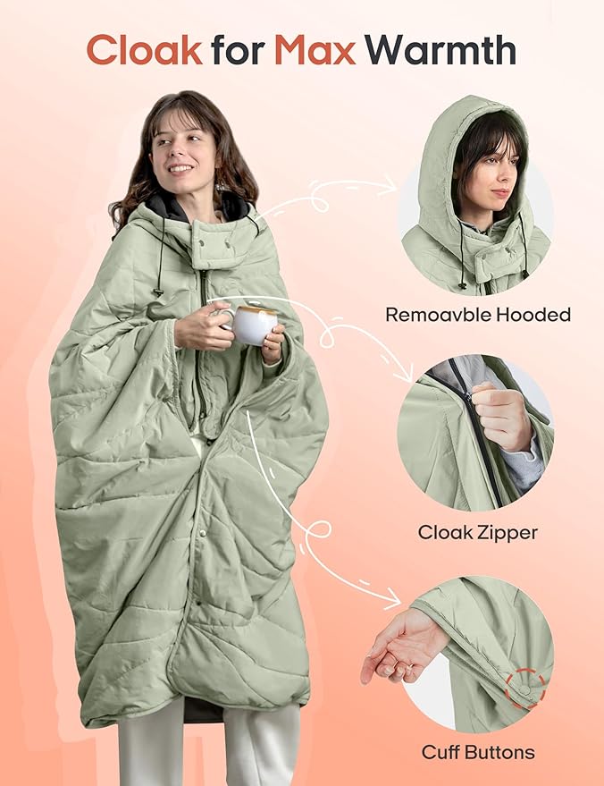 ZonLi Heated Blanket Battery Operated, Wearable Portable Electric Blanket with Rechargeable Battery, 50"x60" Cordless Heated Blanket, Waterproof, Machine Washable(Sage Green)