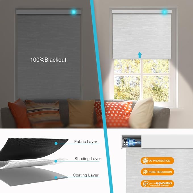 Motorized Blinds with Remote, Smart Blind Roller Shades Compatible with Alexa, Durable Rechargeable Battery Solar Power Electric Window Blinds Customized Size (Jacquard Silver White)