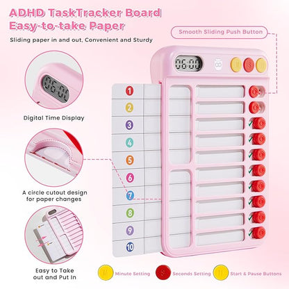 Magnetic Chore Chart for Kids with Time Timer, 99-Min Countdown/Up Visual Timer, Dry-Erase Reward Chart with Sliders, to Do List & Routine Checklist, Visual Schedule, Autism/ADHD Tools (Pink)