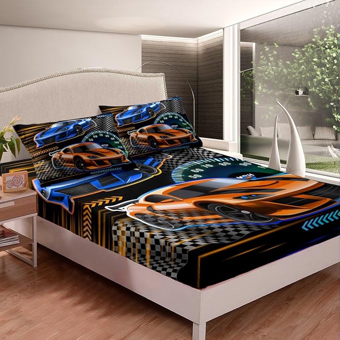 Racing Car Bed Sheet Set Home Decor Cartoon Street Style Sheet Sets Deep Pocket,Extreme Sports Mattress Cover,Twin Size with 1 Pillowcase