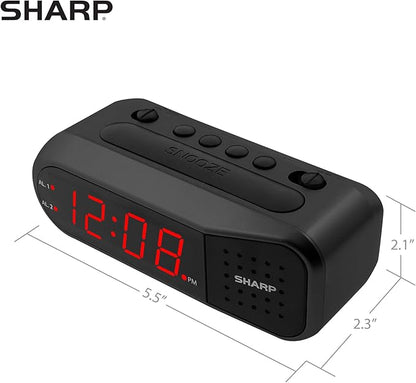 Sharp Easy-Set Digital Alarm Clock for Bedroom – Large Red LED Display, Ascending Loud Alarm for Heavy Sleepers, Dual Alarm Weekday/Weekend, Simple Operation, Snooze & Dimmer Control, Battery Backup