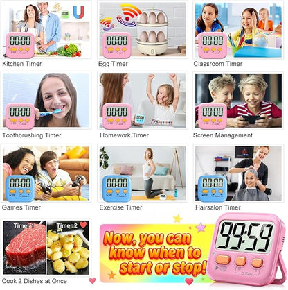 Antonki 2 Pack Digital Timer for Kids, Magnetic Countdown Kitchen Timers for Cooking, Egg, Classroom, Teacher, Exercise, Study, Oven - Battery Included