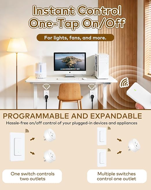 NineLeaf 4 Plug-in Light Switches with 1 Remote, Wireless Remote Control Light Switch with Wall Switch, 15A/1500W, TUV Listed, No Wiring, 500ft RF, Remote Control Outlet for Lamps,Household
