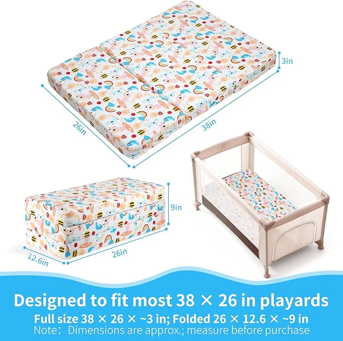Trifold Pack and Play Mattress 38x26 - Dual Sided Pack N Play Mattress Pad (Firm for Baby, Soft for Toddler), Cooling Gel Memory Foam Playpen Mat, Waterproof Portable Crib Mattress Topper