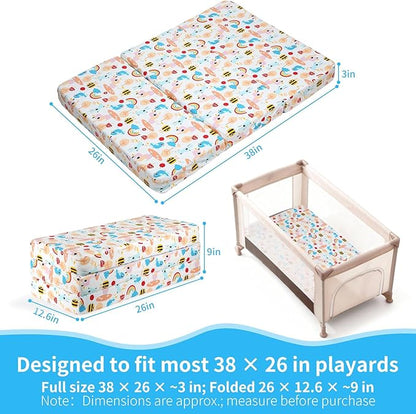 Trifold Pack and Play Mattress 38x26 - Dual Sided Pack N Play Mattress Pad (Firm for Baby, Soft for Toddler), Cooling Gel Memory Foam Playpen Mat, Waterproof Portable Crib Mattress Topper