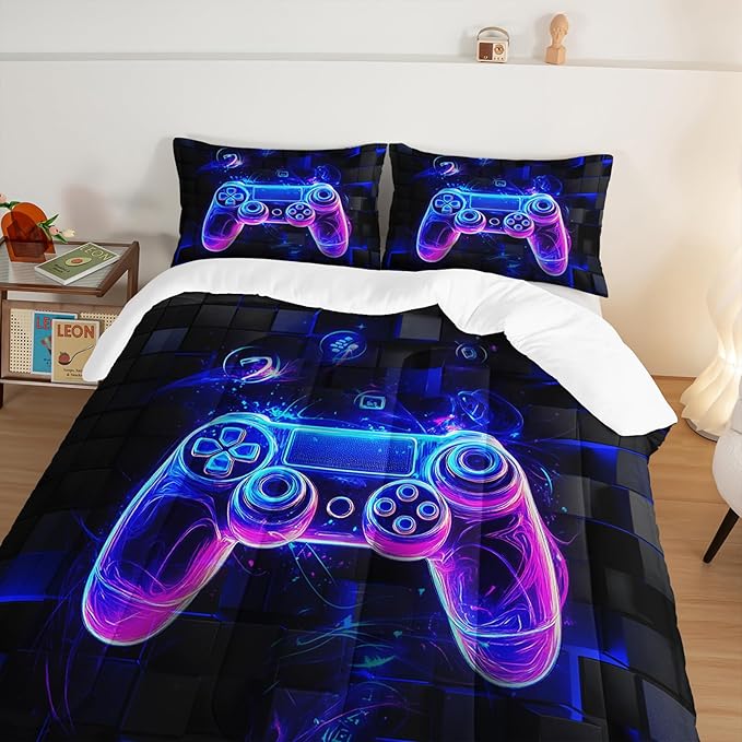 3 Pieces Bed in a Bag for Boys Bedding Sets Queen Size,Game Controller Comforter Sets for Boys Kids,Gaming Comforter Set for Teens Room Decor,Honeycomb Geometric Bedding with 2 Pillowcases.