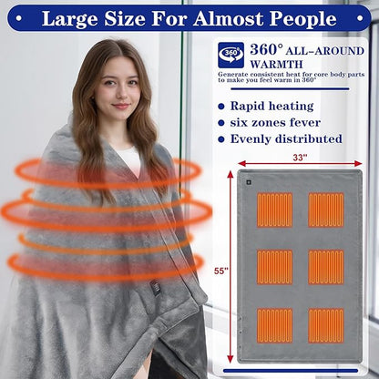 Cordless Heated Blanket with 10000mAh Power Bank, USB Battery Operated Electric Blanket, 3 Heat Settings, Portable Warm Throw for Home, Office, Outdoor-Grey