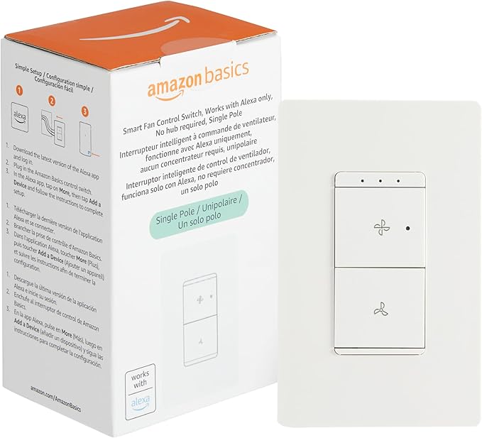 Amazon Basics Smart Ceiling Fan Control Switch, 4-Speed, Single Pole, Voice Control, Works with Alexa Only, Control from Anywhere, 2.4 GHz Wi-Fi, No Hub Required, White