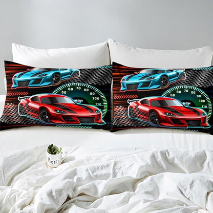 Race Car Themed Bedding Set Twin Size Cartoon Sports Cars Bed Set for Teens Bedroom Decor Kids Sheet Microfiber Speeding Game Bed Cover(1 Fitted Sheet+1 Pillow Case)