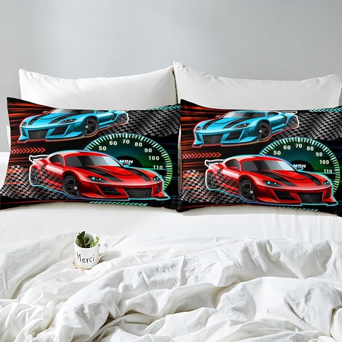 Cartoon Sports Cars Fitted Sheet,Full Size Speeding Game Collections,Race Car Themed Bedding Deep Pocket for Children Teens Young with 2 Pillowcases