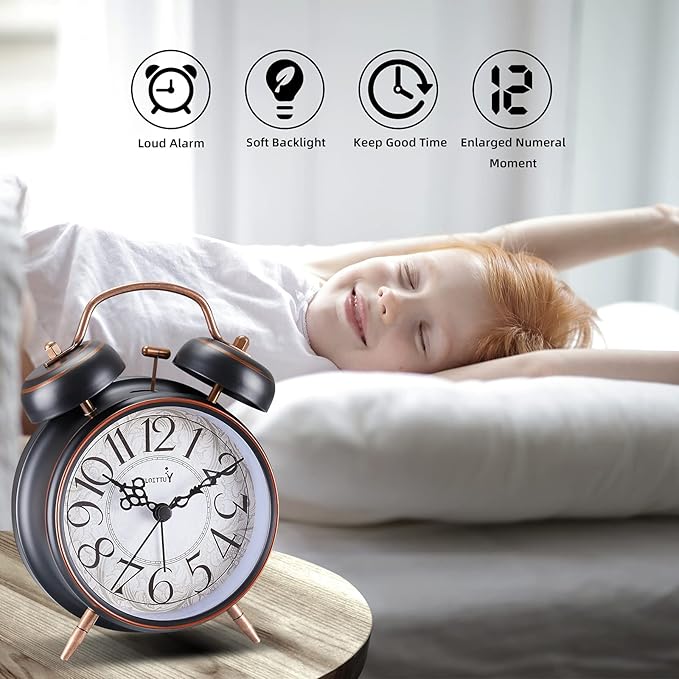Loud Alarm for Deep Sleepers 4'' Retro Twin Bell Alarm Clock with Backlight for Bedroom and Home Decoration(Retro Black)